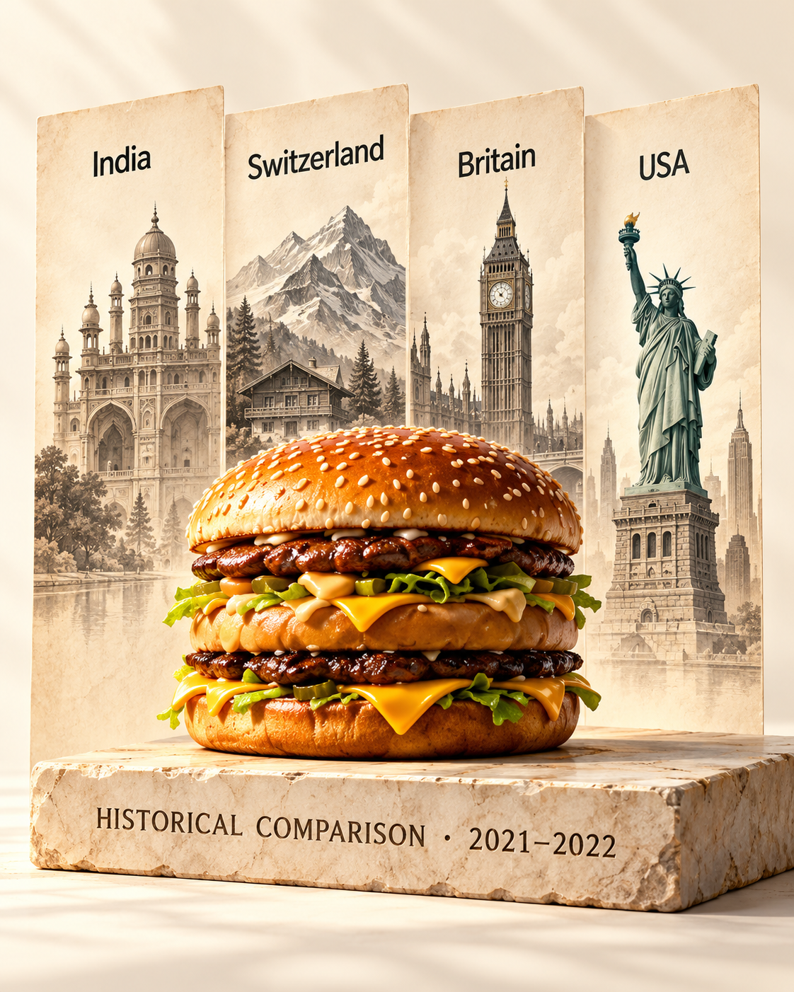 Burger and landmark illustration representing four countries