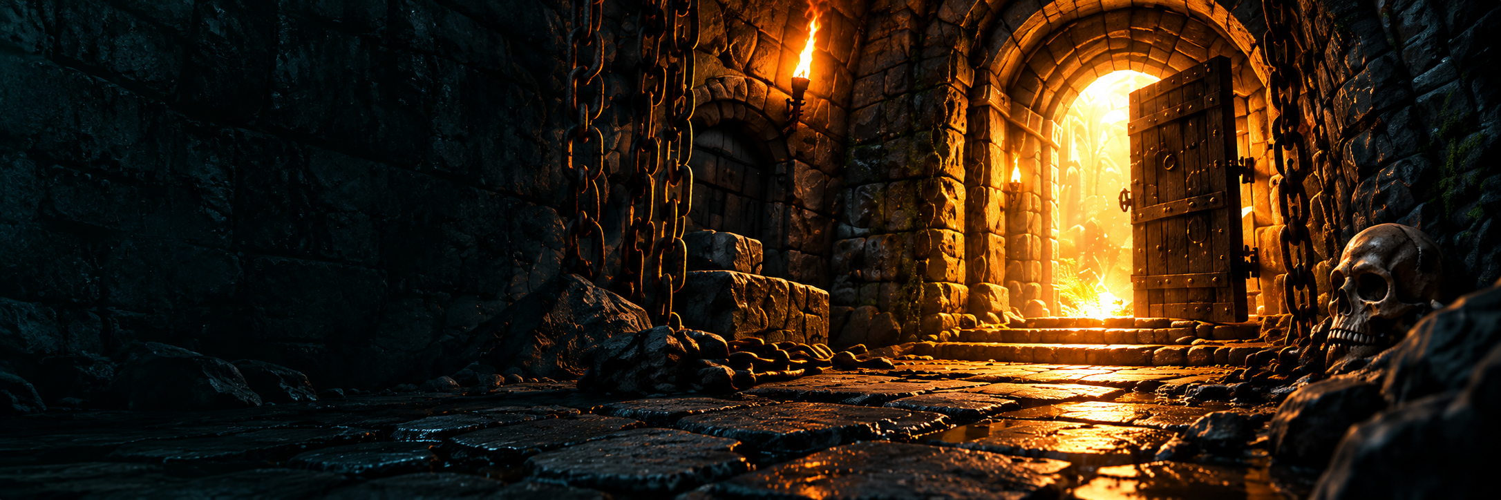 Torch-lit stone doorway in a fantasy dungeon